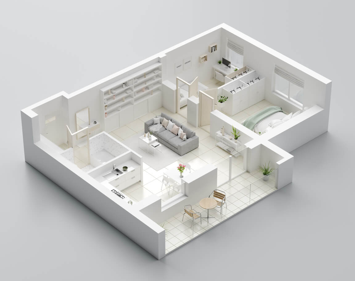 A 3D house plan of a modern house.